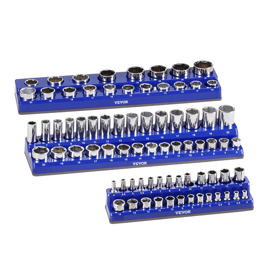 VEVOR 3PCS Metric Magnetic Socket Organizer Set 1/4'' 3/8'' & 1/2'' Socket Trays Hold up to 75PCS Standard & Deep Sockets