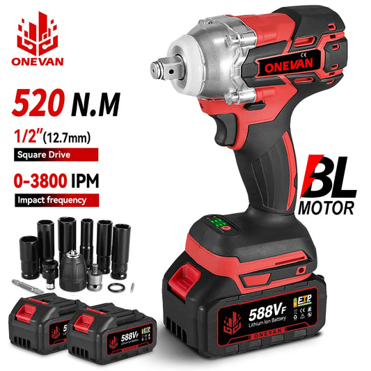 ONEVAN 1/2inch 520N.M Brushless Electric Wrench Cordless Torque Impact Wrench Car Repair Power Tool Set for 21V 18V Battery