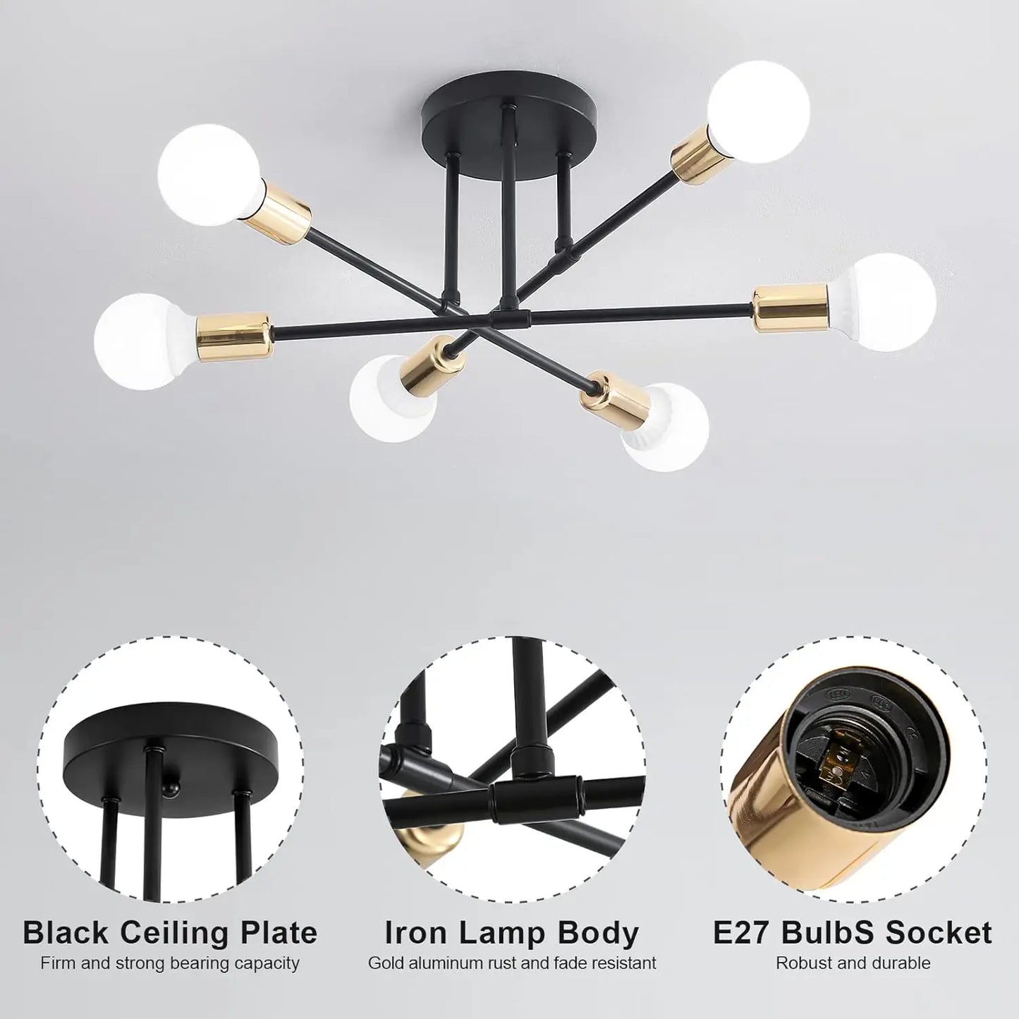 Vintage Industrial Ceiling Lamp for Living Room and Bedroom,Modern Lamps 6 Lights,E27 Base for Kitchen (Without Bulb)