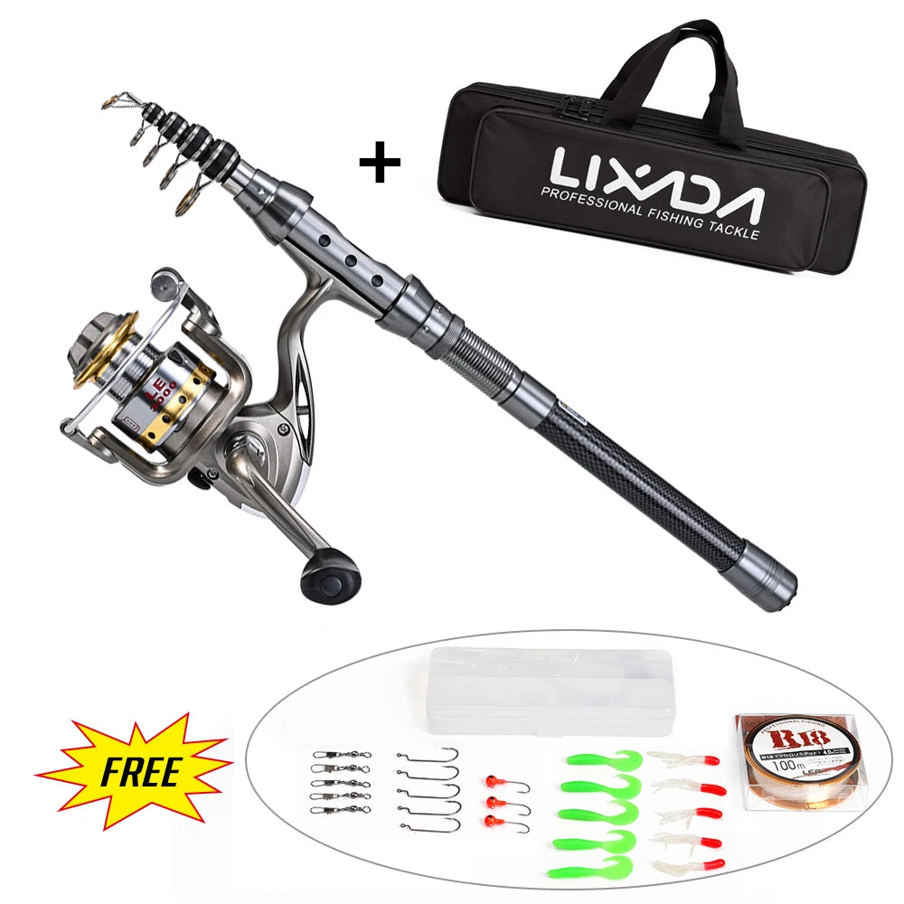 Telescopic Fishing Rod and Reel Combo Full Kit Organizer Pole Set with Fishing Line Lures Hooks Jig Head Fishing Carrier Bag