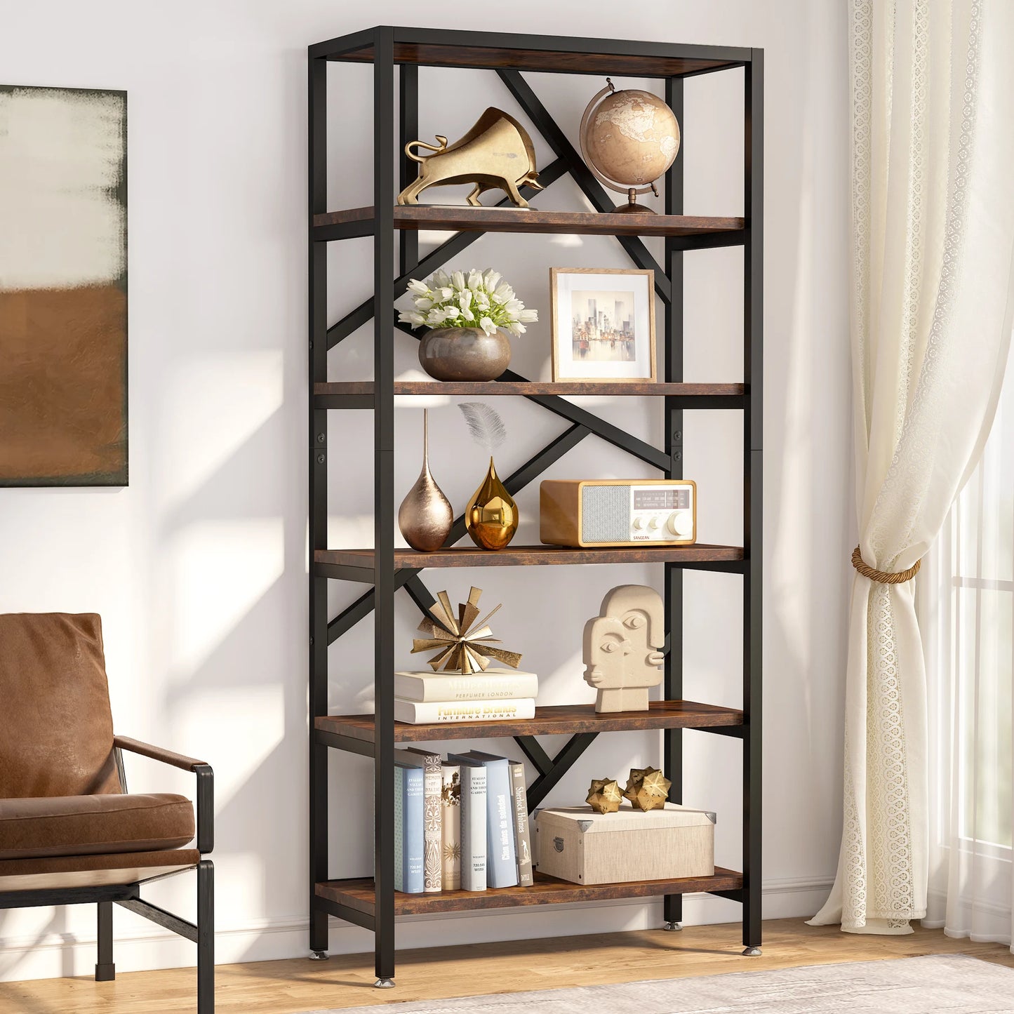 Tribesigns Industrial Bookshelf, Tall Bookcase with Open Shelves, Wood and Metal Display Shelf Storage Shelves