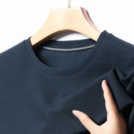 Short sleeved Polo Waffle Pattern men's round neck top cotton daily short sleeved T-shirt