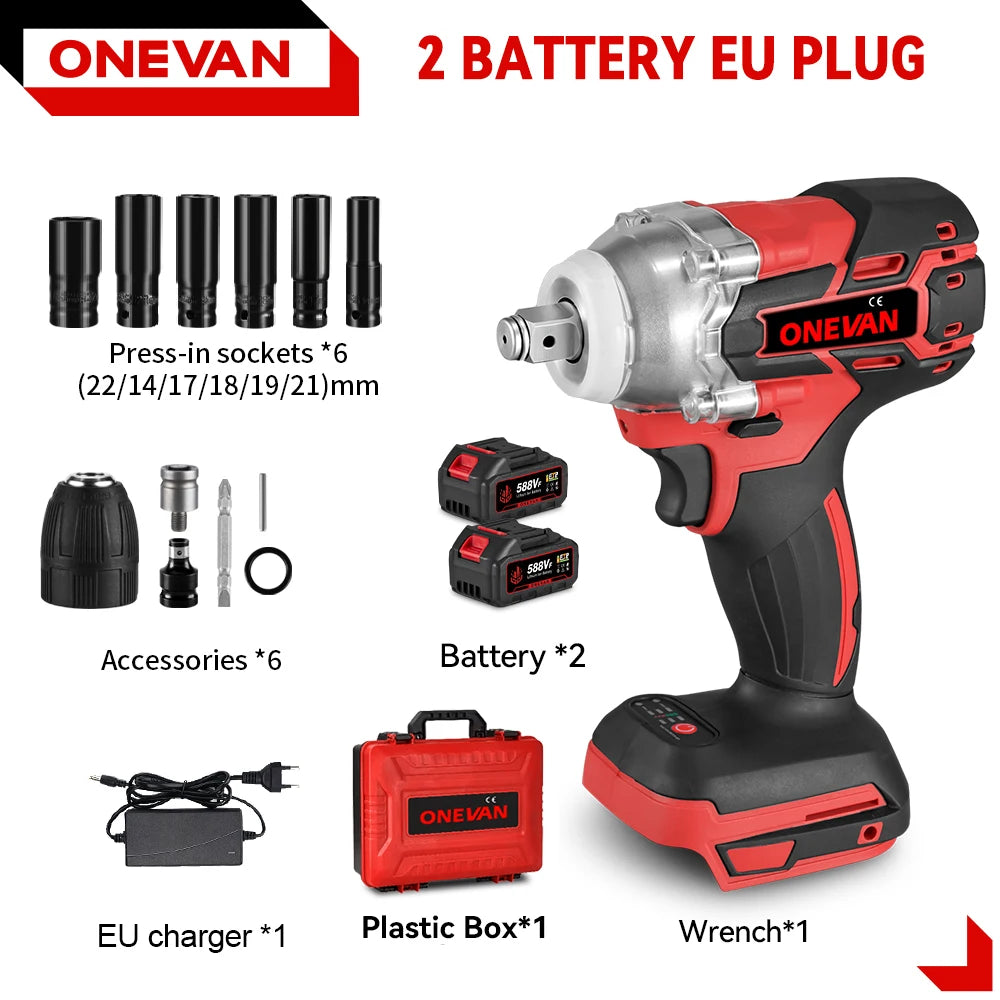 ONEVAN 1/2inch 520N.M Brushless Electric Wrench Cordless Torque Impact Wrench Car Repair Power Tool Set for 21V 18V Battery