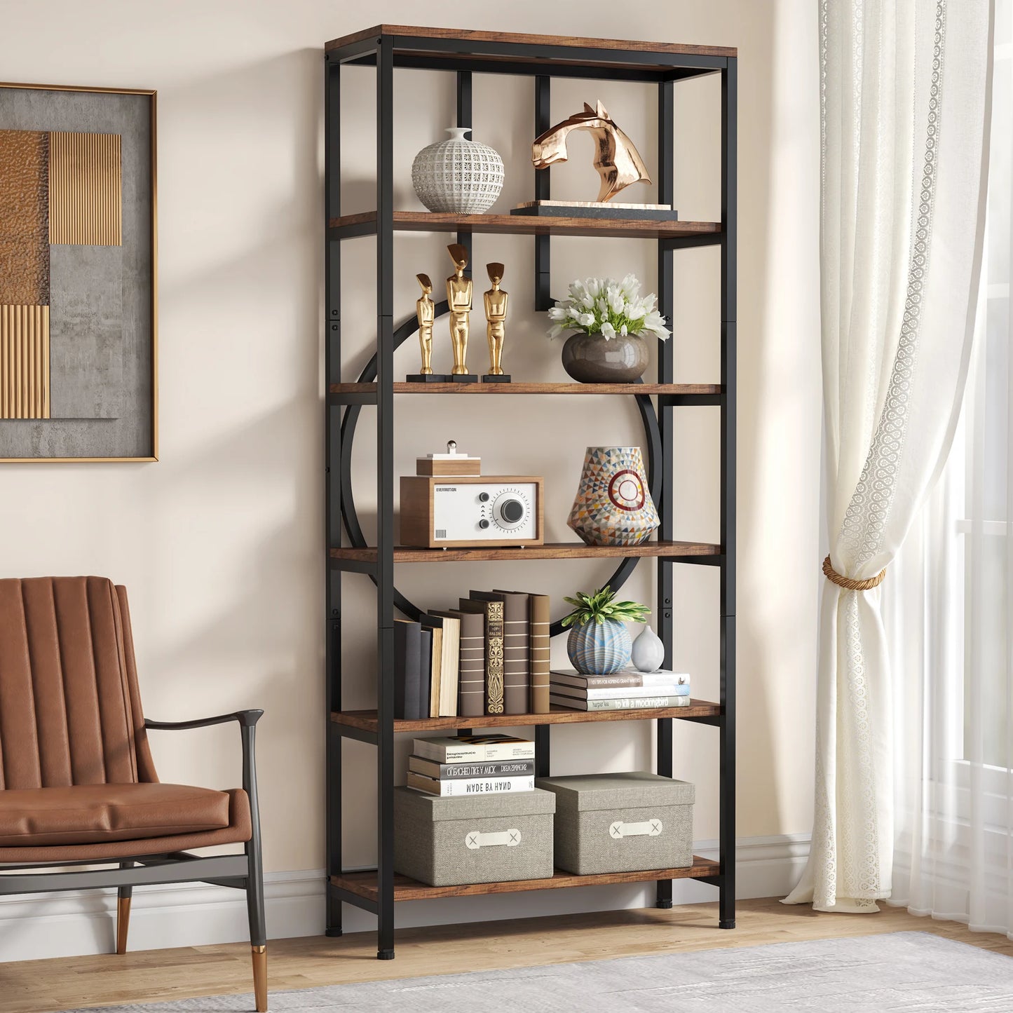 Tribesigns Industrial Bookshelf, Tall Bookcase with Open Shelves, Wood and Metal Display Shelf Storage Shelves