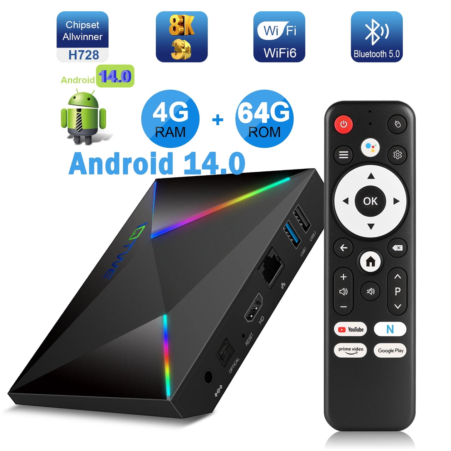 New Smart TV BOX Android 14.0 WIFI6 64GB 4GB HDMI Media Player Octa Core Buletooth 5.0