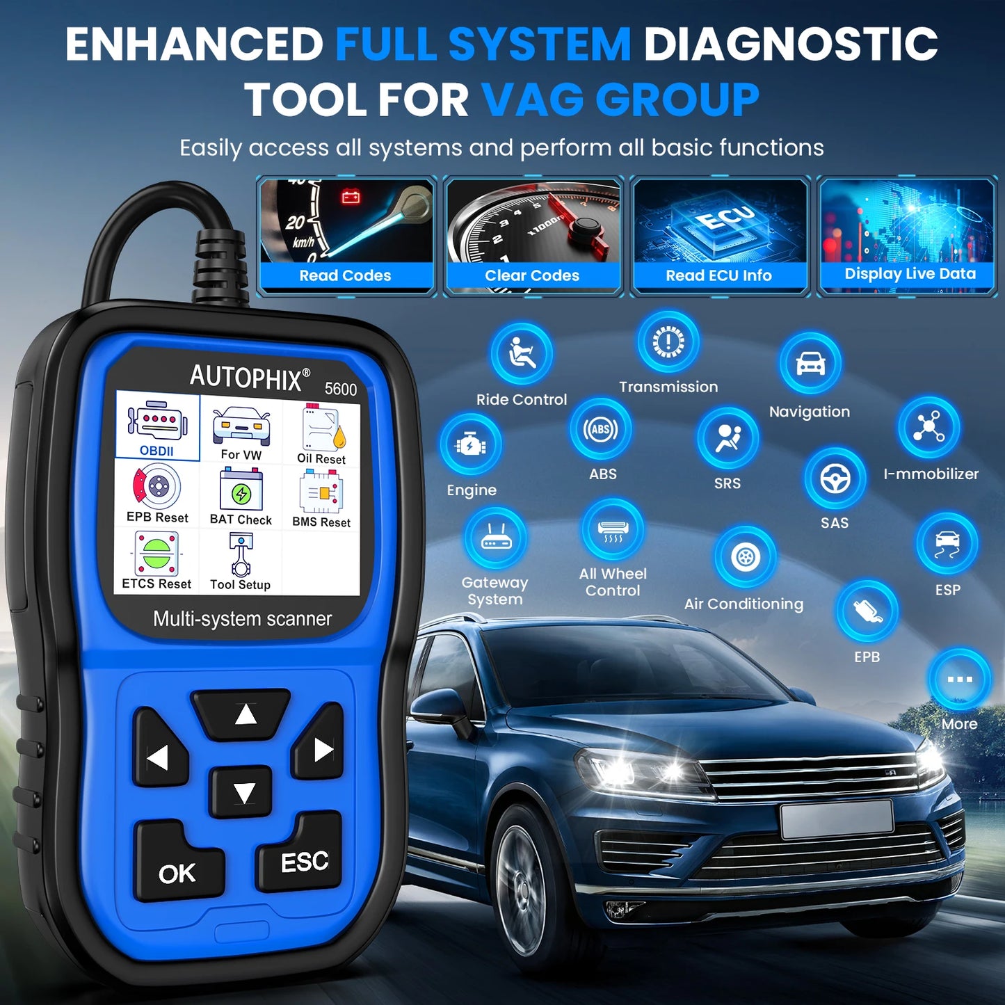 AUTOPHIX 5600 All System OBD2 Scanner Diagnostic EPB ABS Oil TPS Car Code Reader for VW/Audi Group TPMS Engine Battery Registration