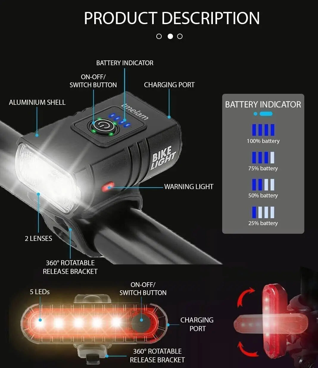 Mountain Bike Lights USB Rechargeable Bicycle T6 LED Torch Front Rear Lamp Set