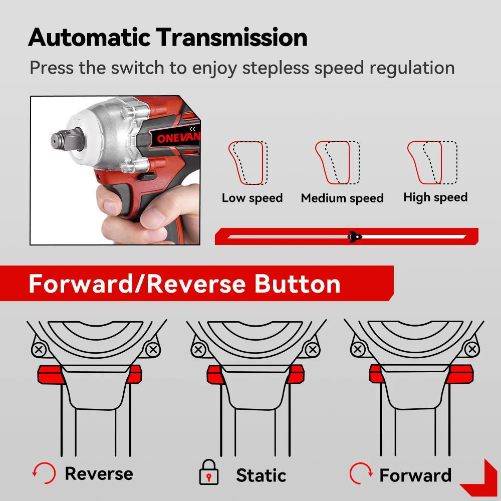 ONEVAN 1/2inch 520N.M Brushless Electric Wrench Cordless Torque Impact Wrench Car Repair Power Tool Set for 21V 18V Battery