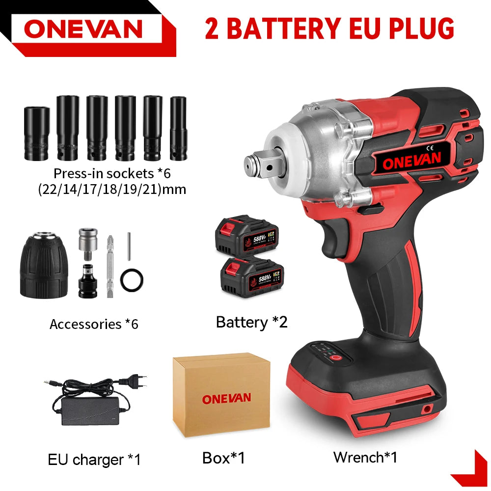 ONEVAN 1/2inch 520N.M Brushless Electric Wrench Cordless Torque Impact Wrench Car Repair Power Tool Set for 21V 18V Battery