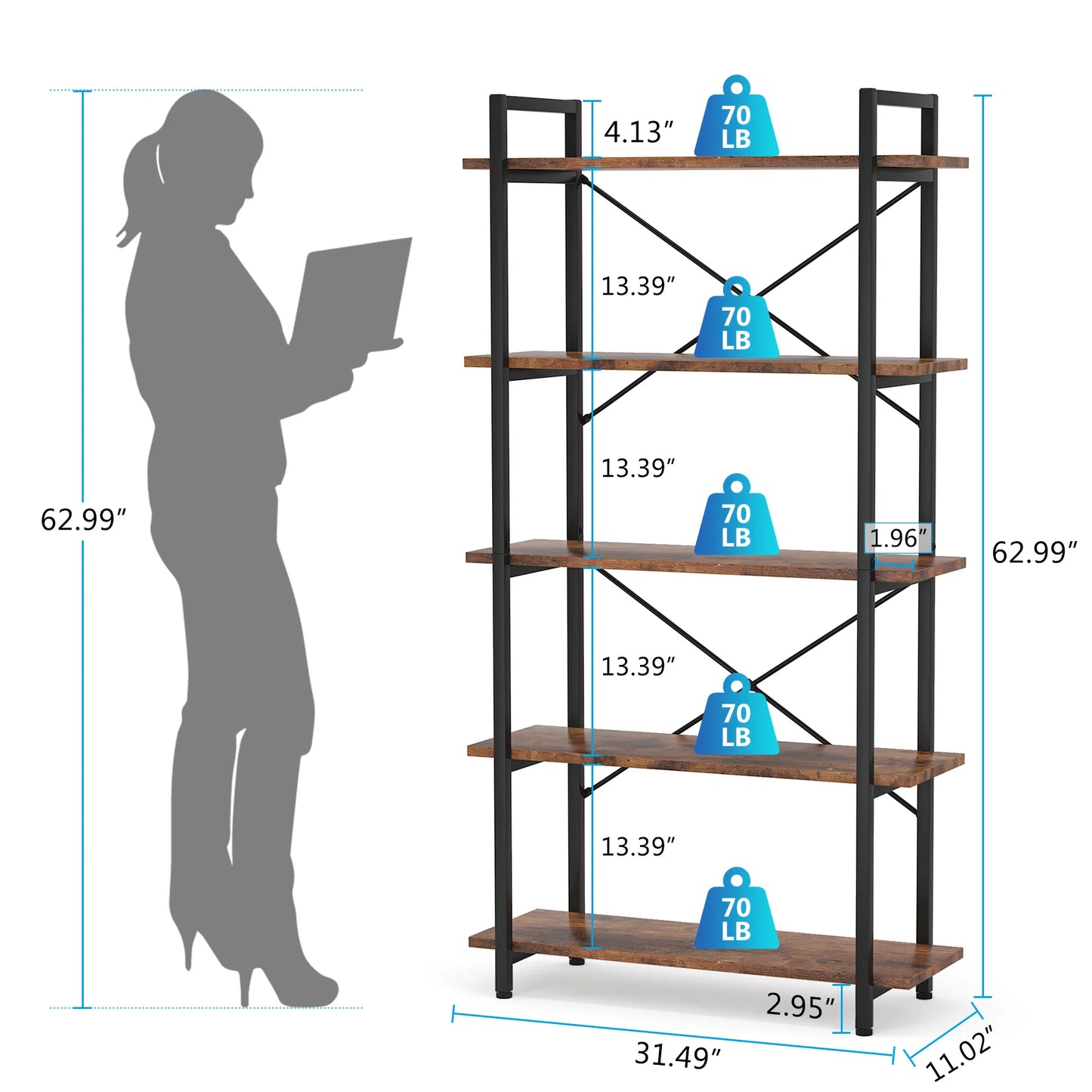 Tribesigns Industrial Bookshelf, Tall Bookcase with Open Shelves, Wood and Metal Display Shelf Storage Shelves