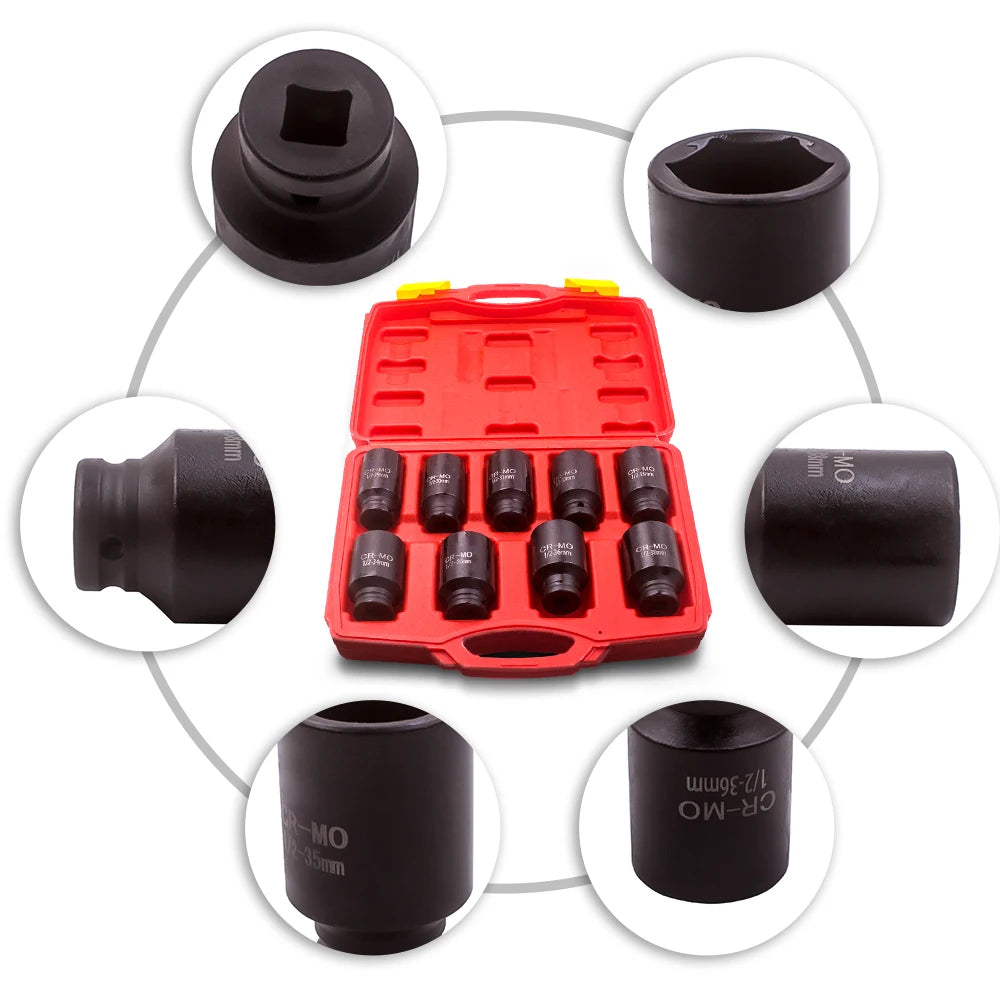 9X Deep Impact Socket Set 1/2" Drive Metric Axle Hub Nut Socket 29-32-38mm