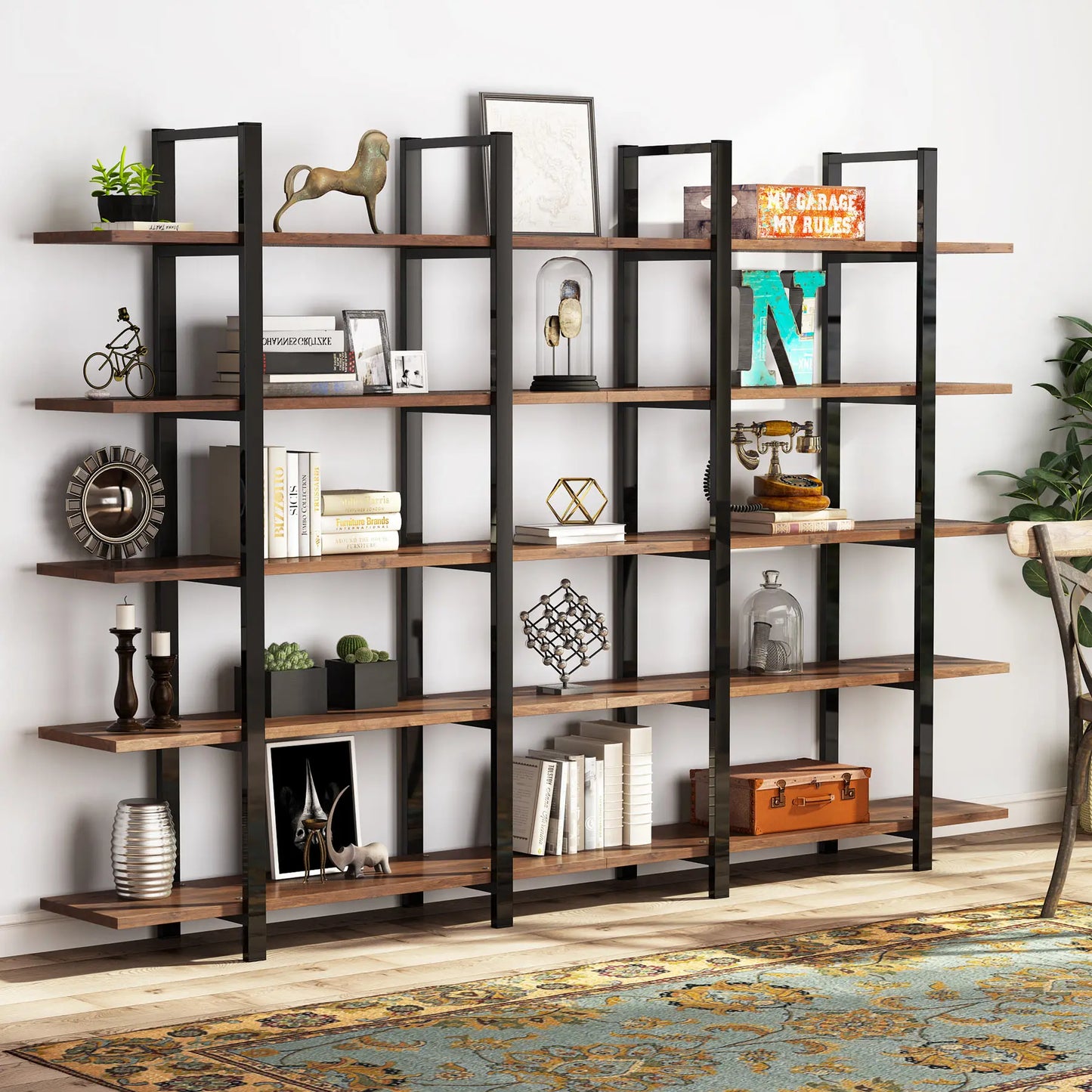 Tribesigns Industrial Bookshelf, Tall Bookcase with Open Shelves, Wood and Metal Display Shelf Storage Shelves