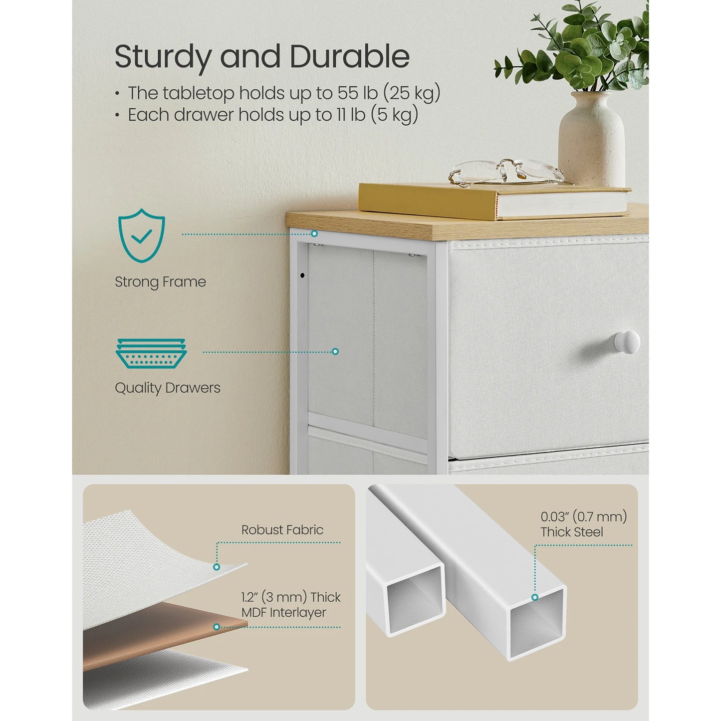 Chest of Drawers Bedroom, Drawer Storage Unit, Dresser with 5 Fabric Drawers, Metal Frame, Tall and Slim, for Closet