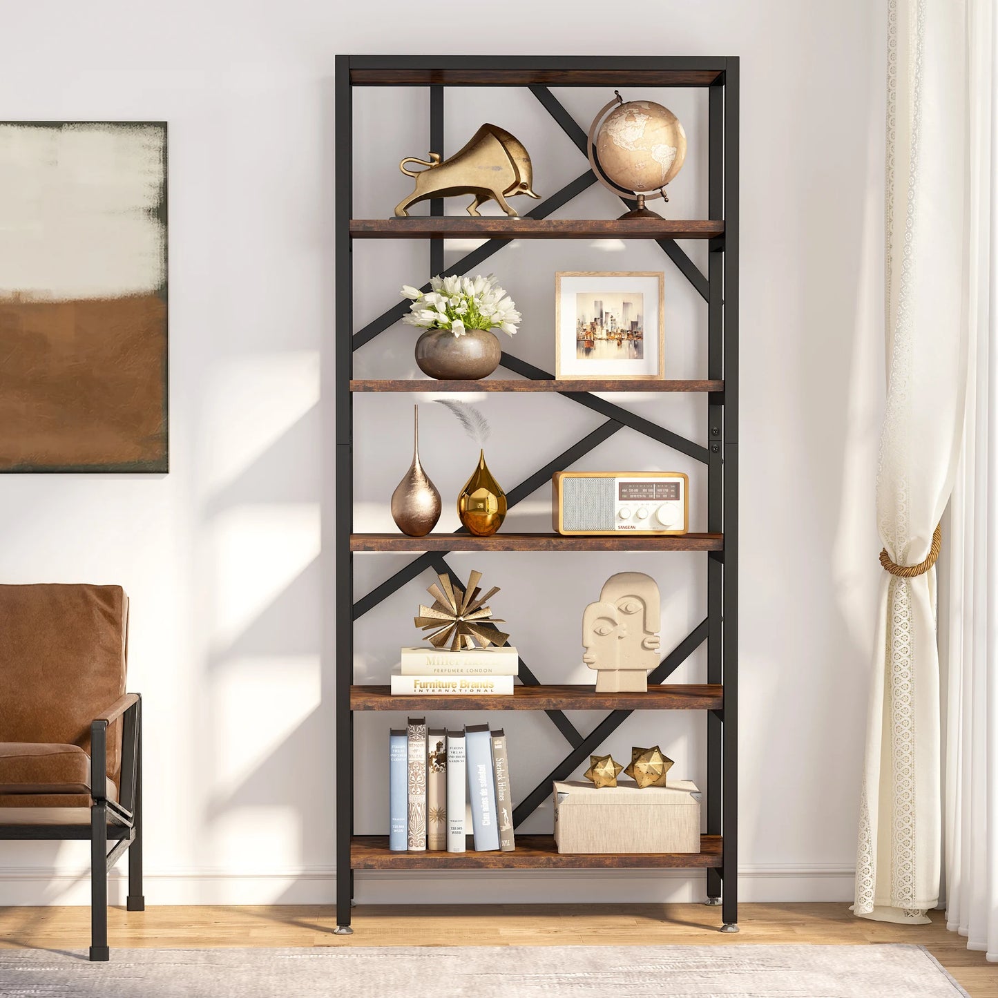 Tribesigns Industrial Bookshelf, Tall Bookcase with Open Shelves, Wood and Metal Display Shelf Storage Shelves