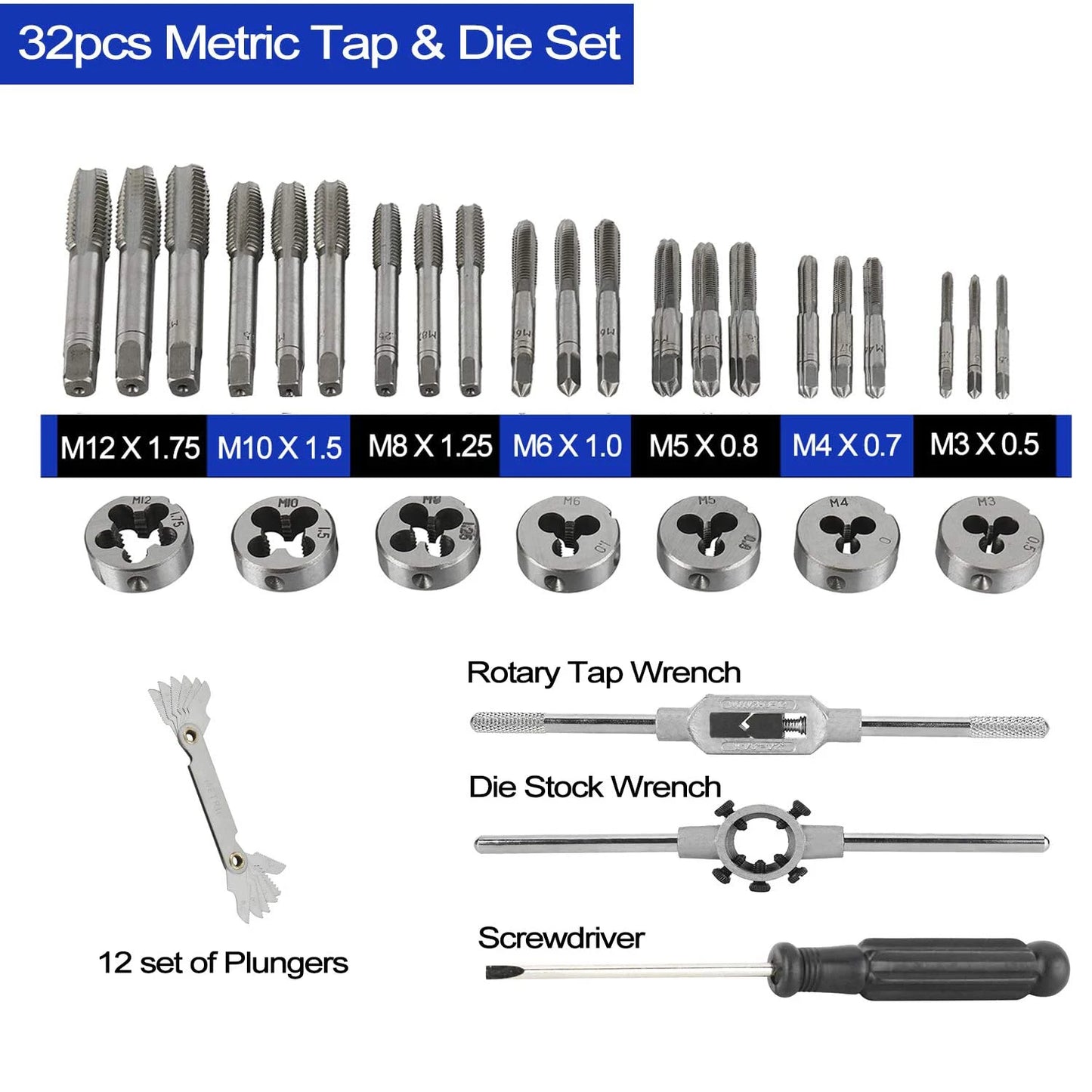 32pc Metric Tap And Die Set M3-M12 Alloy Steel Thread Repair Tool Tap Die Screw Thread Making Tool Bit Set