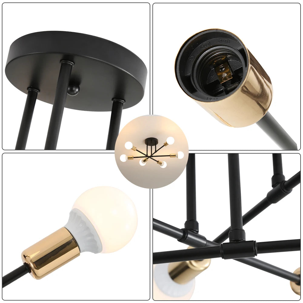 Vintage Industrial Ceiling Lamp for Living Room and Bedroom,Modern Lamps 6 Lights,E27 Base for Kitchen (Without Bulb)