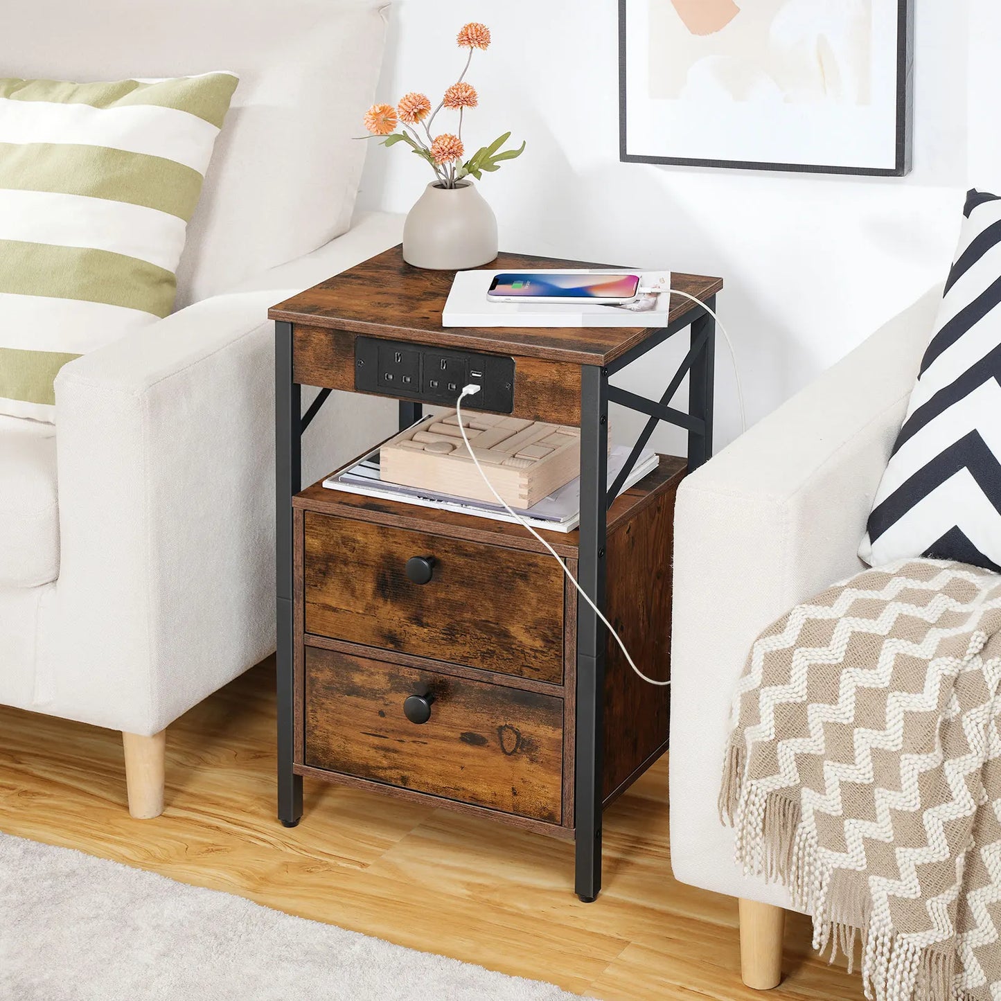 Bedside Table with Charging Station Side Table with 2 USB Ports and 2 AC Outlets Bed Side Table with 2 Flip-Down Compartments