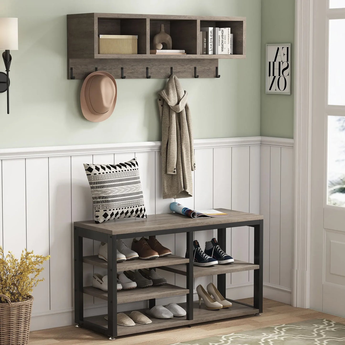 Tribesigns Coat Rack Shoe Bench Set, Hall Tree with Shoe Bench, Industrial Shoe Rack Bench with Coat Rack, 3 Storage Cubbies