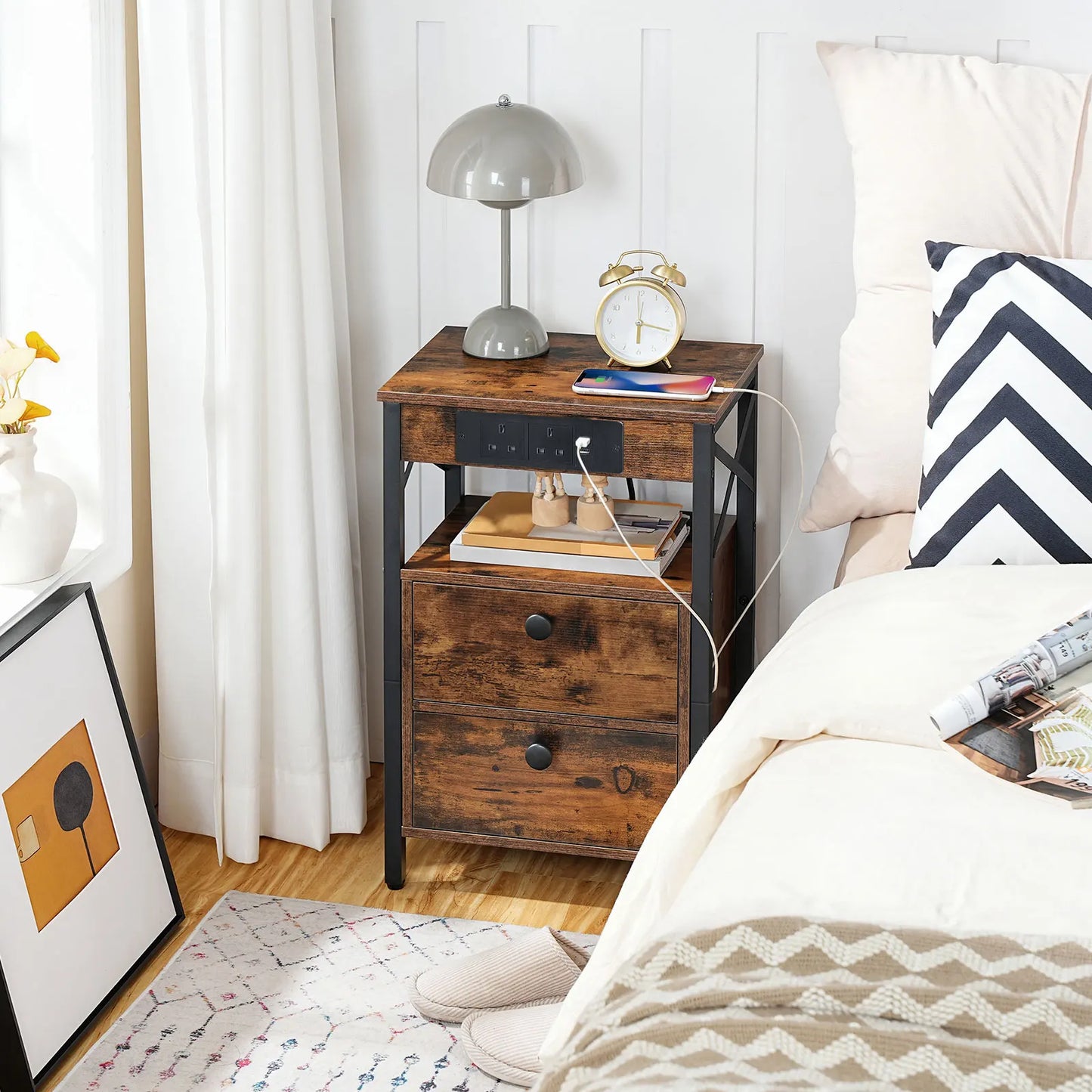 Bedside Table with Charging Station Side Table with 2 USB Ports and 2 AC Outlets Bed Side Table with 2 Flip-Down Compartments