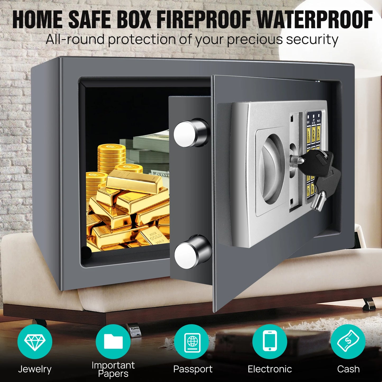 Digital Steel Electronic Security Commercial Digital Safe Security Box, Wall Mounted with 2 Keys for Home Office Safe Box,4.6L