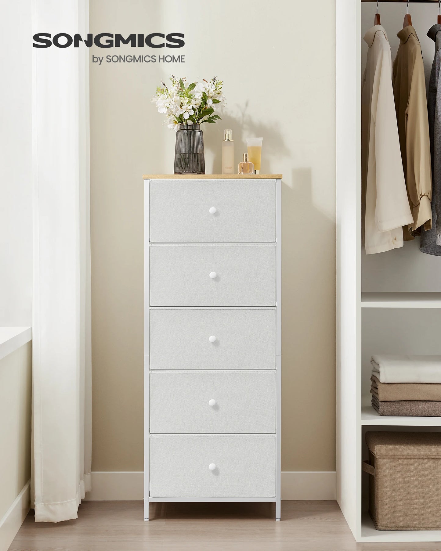 Chest of Drawers Bedroom, Drawer Storage Unit, Dresser with 5 Fabric Drawers, Metal Frame, Tall and Slim, for Closet