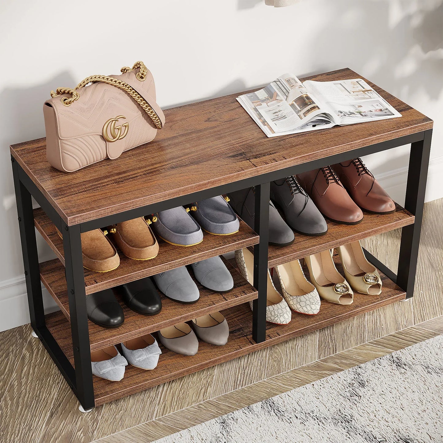 Tribesigns Coat Rack Shoe Bench Set, Hall Tree with Shoe Bench, Industrial Shoe Rack Bench with Coat Rack, 3 Storage Cubbies
