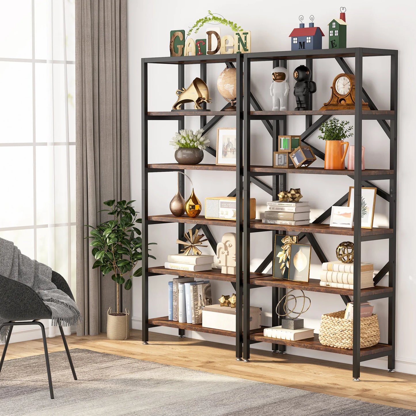 Tribesigns Industrial Bookshelf, Tall Bookcase with Open Shelves, Wood and Metal Display Shelf Storage Shelves