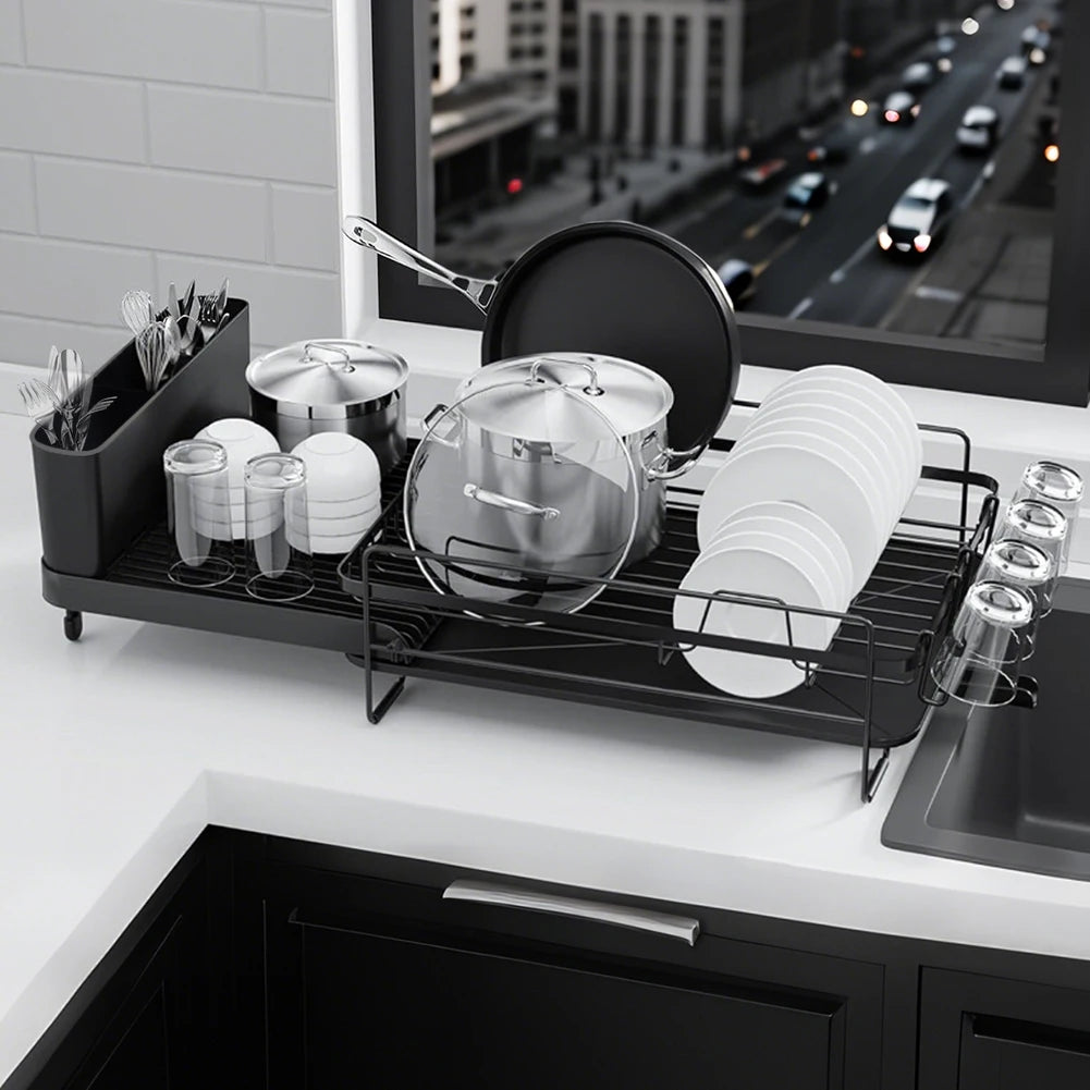Dish Drainer Rack - Extendable Dish Drainer, Multifunctional Anti-Rust Dish Rack for Kitchen Counter, with Cutlery & Cup Holders