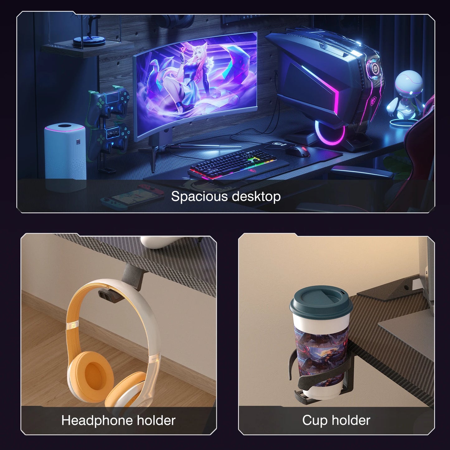 L Shape Corner Desk Game Table with 6 Colors RGB Light Headphone Hook and Cup Holder