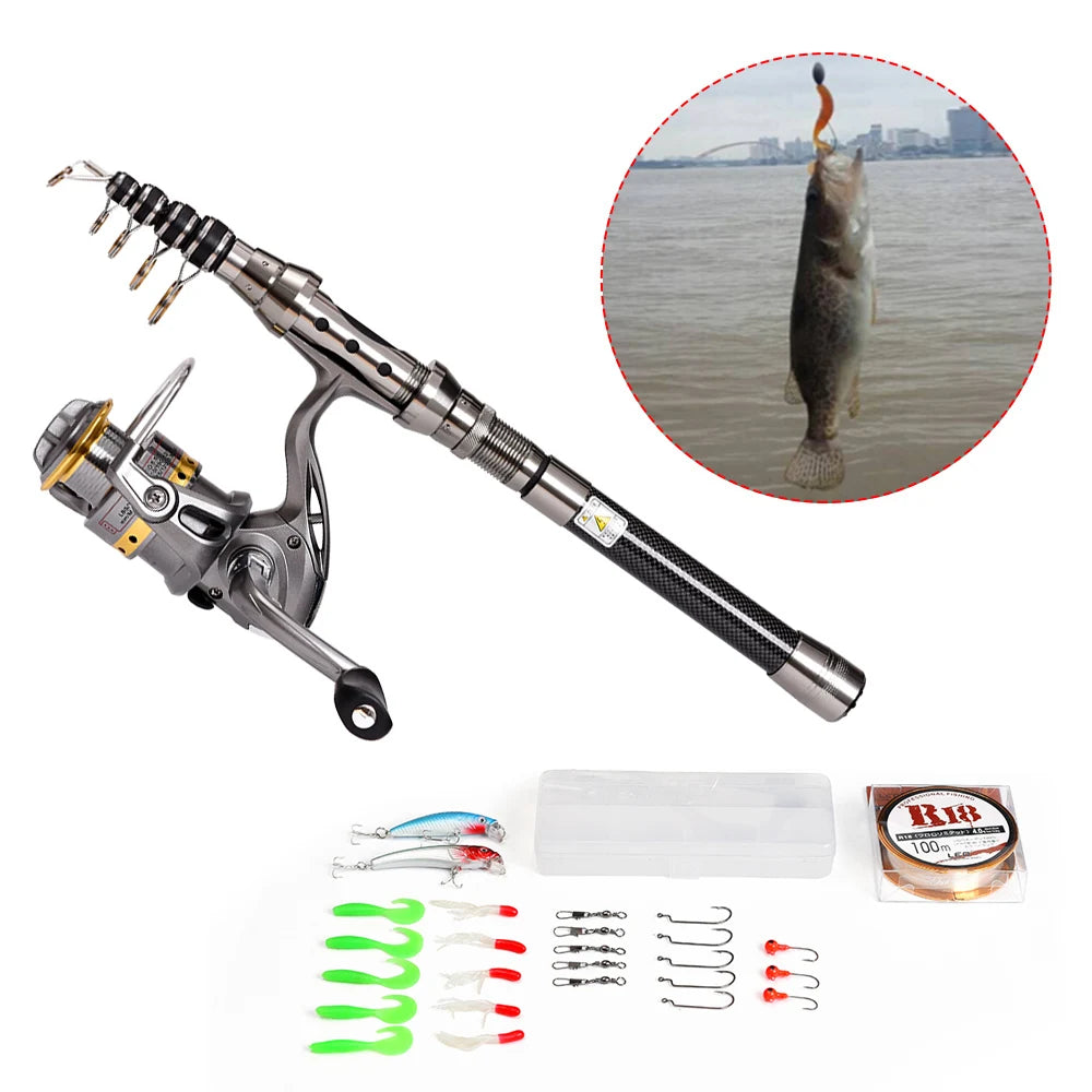 Telescopic Fishing Rod and Reel Combo Full Kit Organizer Pole Set with Fishing Line Lures Hooks Jig Head Fishing Carrier Bag