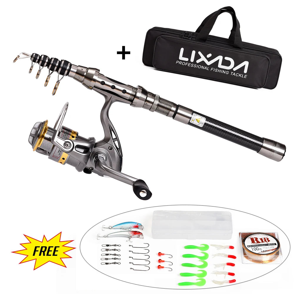 Telescopic Fishing Rod and Reel Combo Full Kit Organizer Pole Set with Fishing Line Lures Hooks Jig Head Fishing Carrier Bag