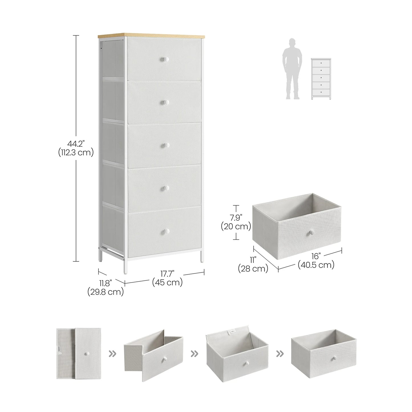 Chest of Drawers Bedroom, Drawer Storage Unit, Dresser with 5 Fabric Drawers, Metal Frame, Tall and Slim, for Closet