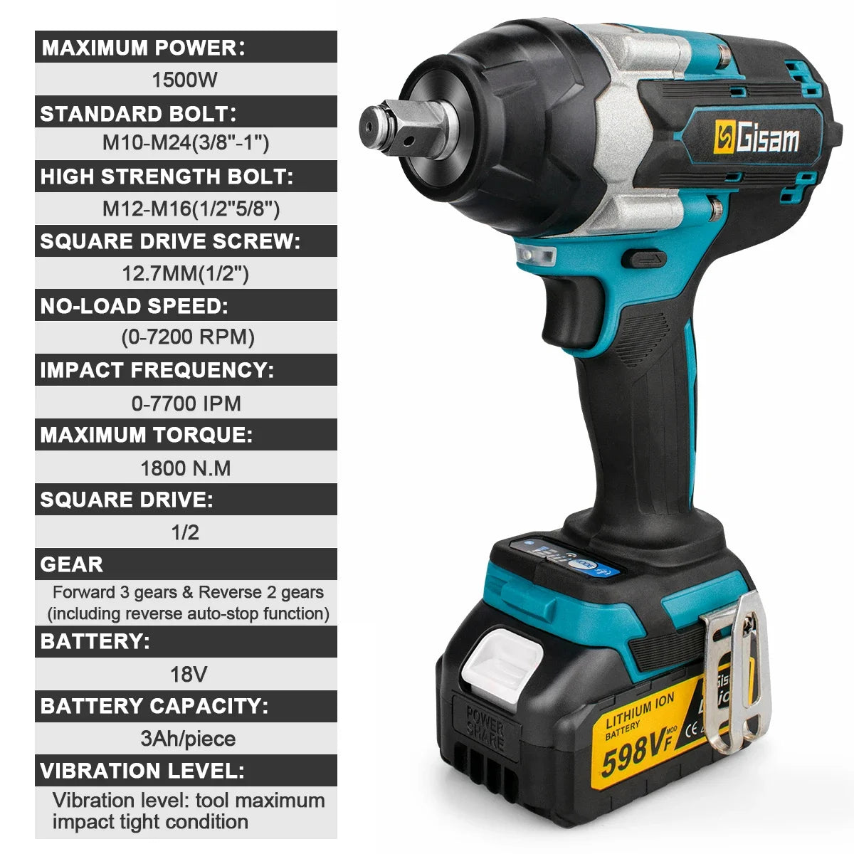 Gisam Torque Brushless Electric Impact Wrench 1/2 inch Impact Gun Cordless Wrench Power Tool For Makita 18V Battery Pin