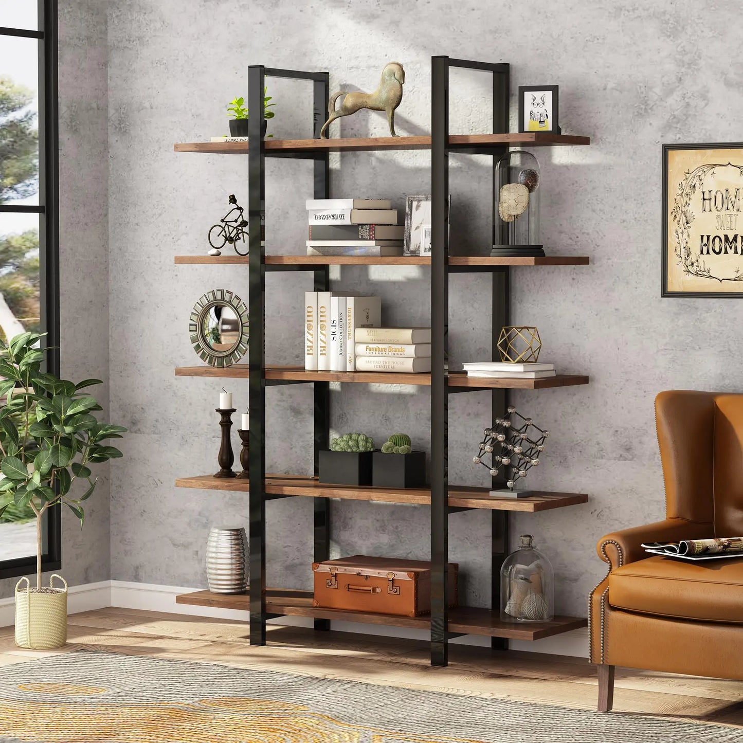 Tribesigns Industrial Bookshelf, Tall Bookcase with Open Shelves, Wood and Metal Display Shelf Storage Shelves