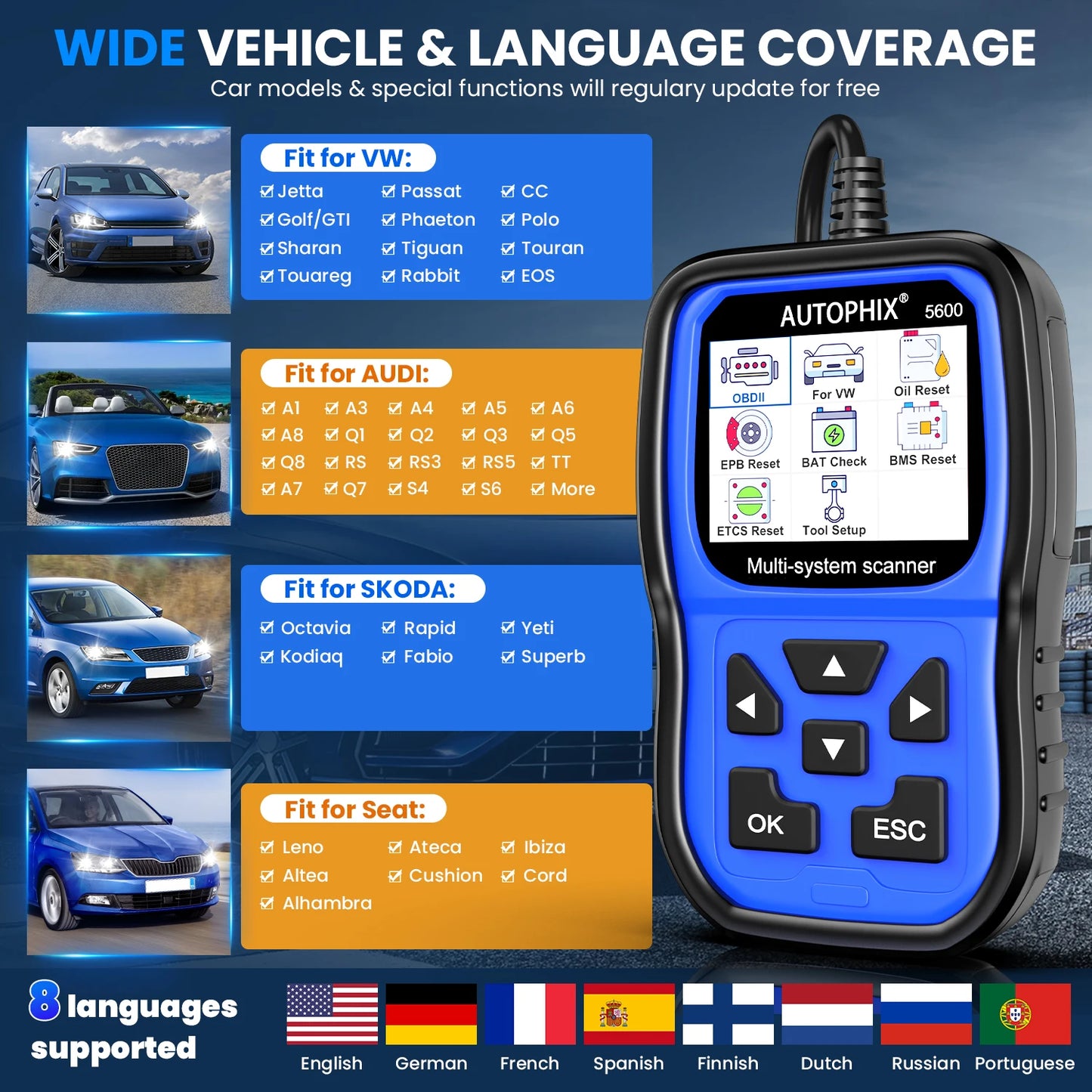 AUTOPHIX 5600 All System OBD2 Scanner Diagnostic EPB ABS Oil TPS Car Code Reader for VW/Audi Group TPMS Engine Battery Registration