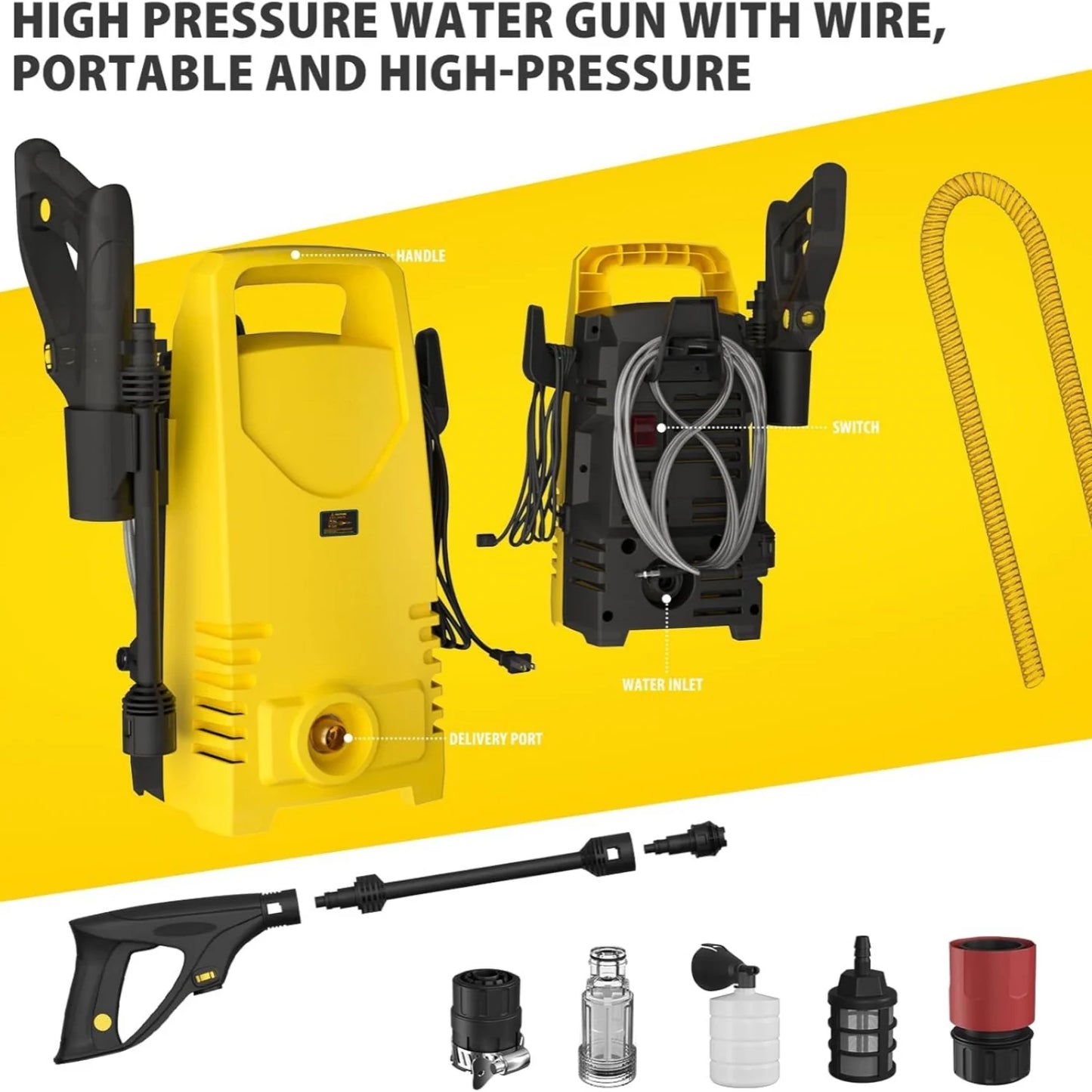 BRIEFNESS Car Wash Gun Electric High Pressure Washer Cleaning Cars with 1-180° Adjustable Nozzle and Detergent Tank