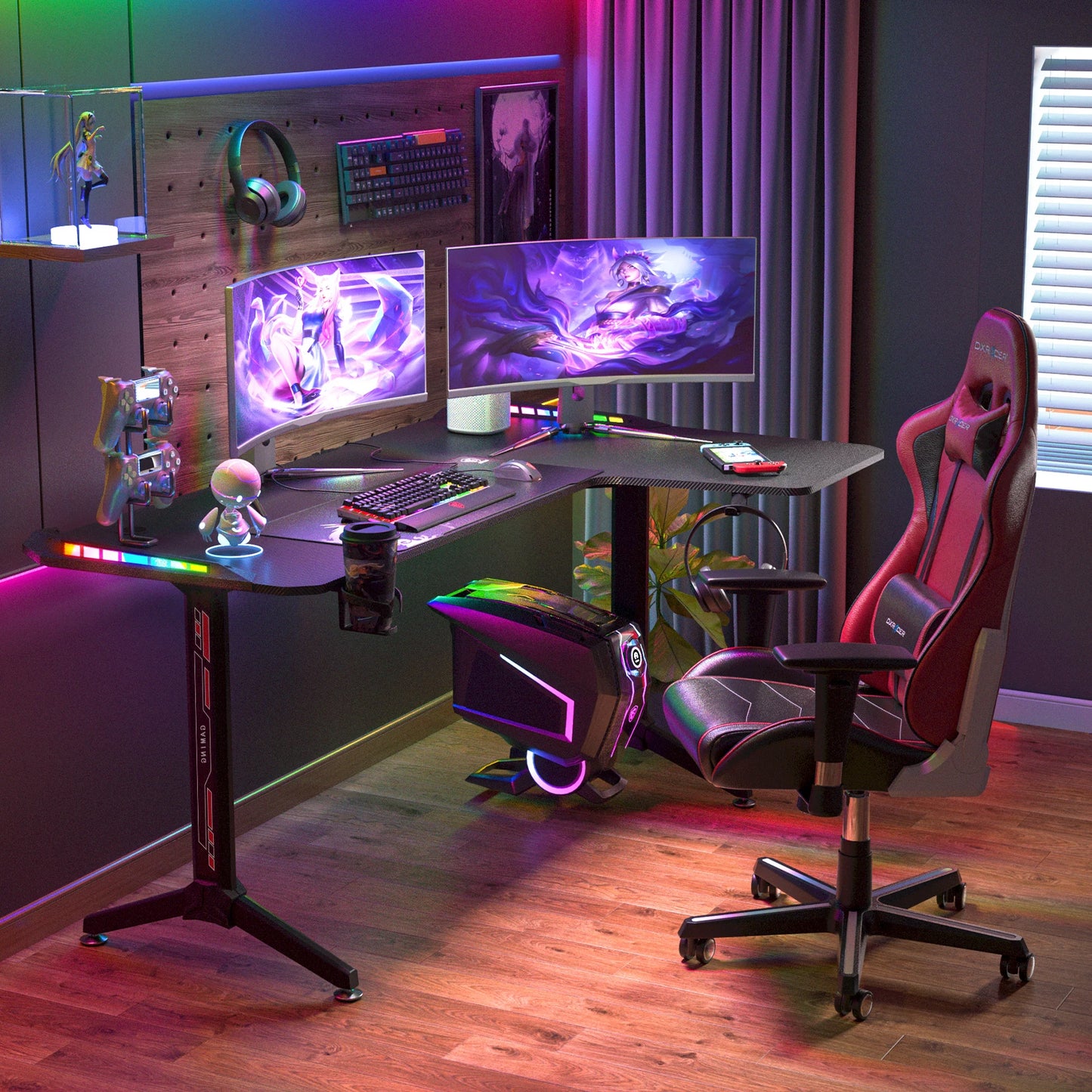 L Shape Corner Desk Game Table with 6 Colors RGB Light Headphone Hook and Cup Holder