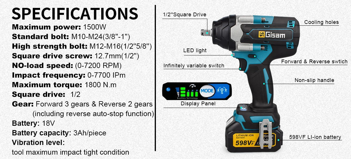 Gisam Torque Brushless Electric Impact Wrench 1/2 inch Impact Gun Cordless Wrench Power Tool For Makita 18V Battery Pin