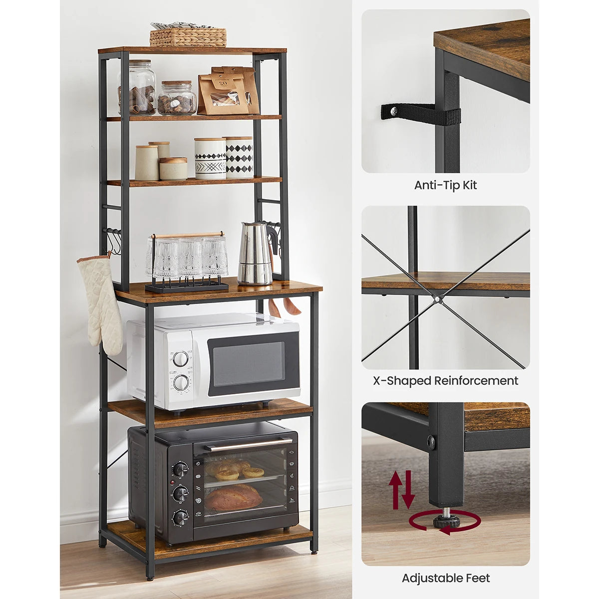 VASAGLE Kitchen Storage Rack, Coffee Bar, Baker s Rack, Total 6 Shelves and 6 Hooks, for Microwave, Steel Frame, 40 x 60 x 167cm
