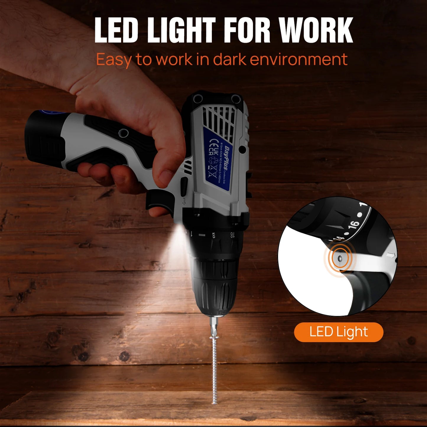 DayPlus 16.8V Mini Cordless Drill Driver Kit, 3/8" Chuck 45Nm Electric Screwdriver Driver with LED Light, 18+1 Torque, 2 Speed