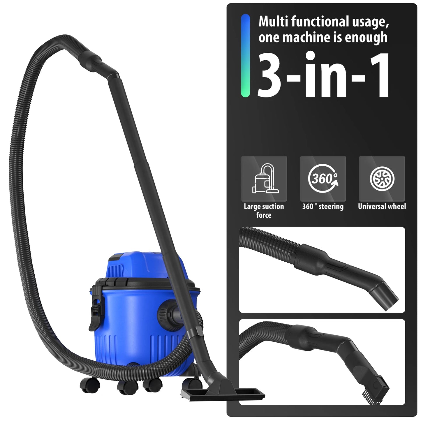 Wet And Dry Vacuum Cleaner with 15L Tank, 1800W, 16Kpa, 3-in-1 Cleaning Vacuum Blow Function, Electric Vacuum Cleaners, 2m Cord