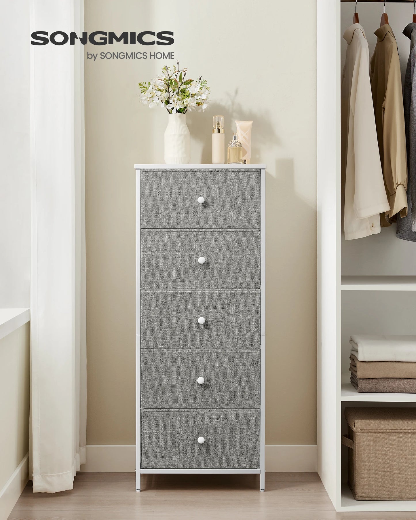 Chest of Drawers Bedroom, Drawer Storage Unit, Dresser with 5 Fabric Drawers, Metal Frame, Tall and Slim, for Closet