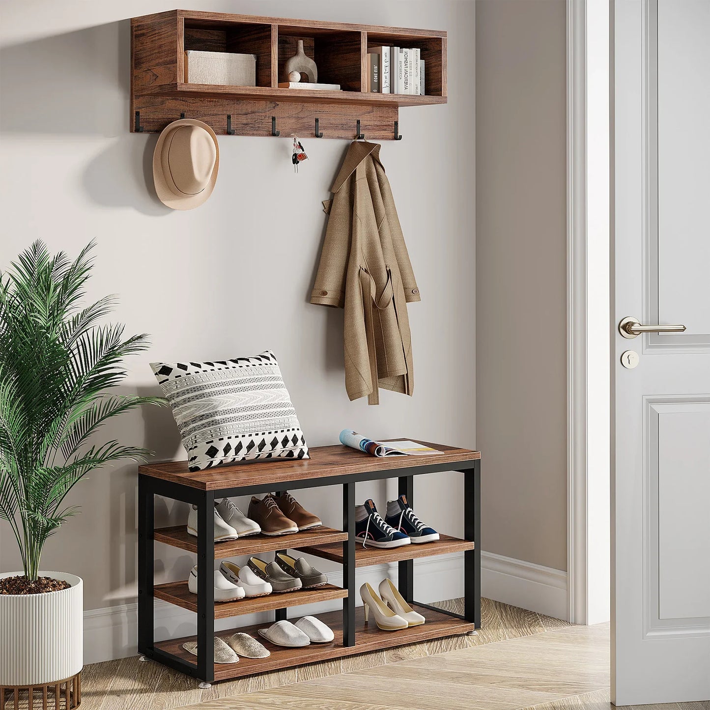 Tribesigns Coat Rack Shoe Bench Set, Hall Tree with Shoe Bench, Industrial Shoe Rack Bench with Coat Rack, 3 Storage Cubbies