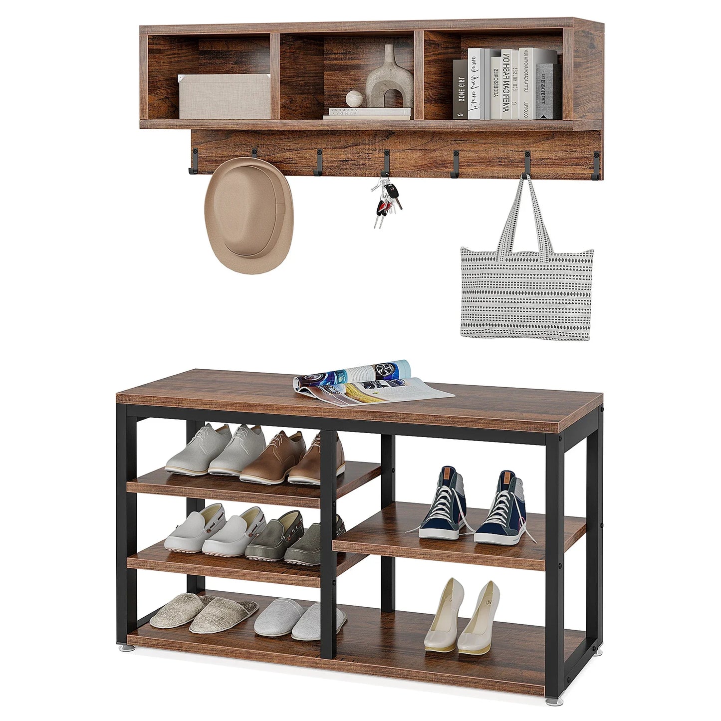 Tribesigns Coat Rack Shoe Bench Set, Hall Tree with Shoe Bench, Industrial Shoe Rack Bench with Coat Rack, 3 Storage Cubbies