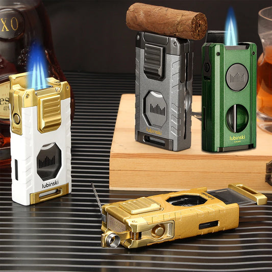LUBINSKI Cigar Lighter Gas Torch Jet Blue Flame Lighters Smoking Cutter Cigar Accessories Cigar Tool