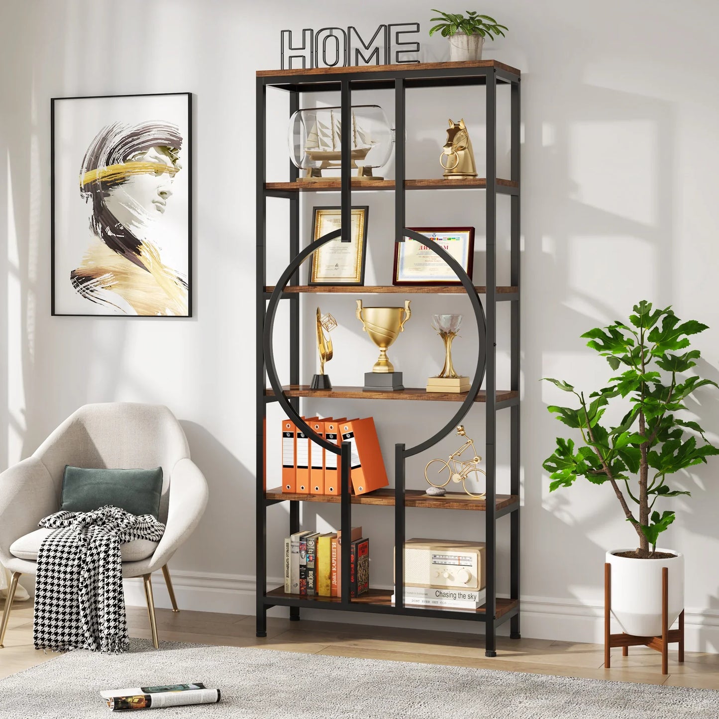 Tribesigns Industrial Bookshelf, Tall Bookcase with Open Shelves, Wood and Metal Display Shelf Storage Shelves