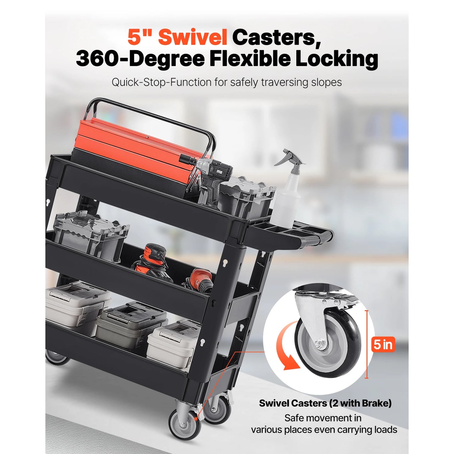 VEVOR 2/3 Shelf Utility Service Cart Heavy Duty with 360° Swivel Wheels Ergonomic Storage Handle for Warehouse/Garage/Cleaning