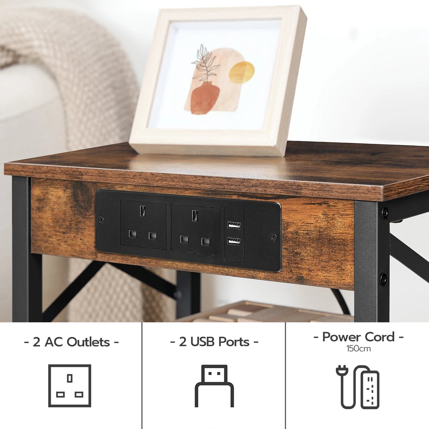 Bedside Table with Charging Station Side Table with 2 USB Ports and 2 AC Outlets Bed Side Table with 2 Flip-Down Compartments