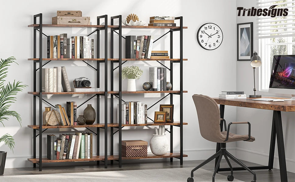 Tribesigns Industrial Bookshelf, Tall Bookcase with Open Shelves, Wood and Metal Display Shelf Storage Shelves