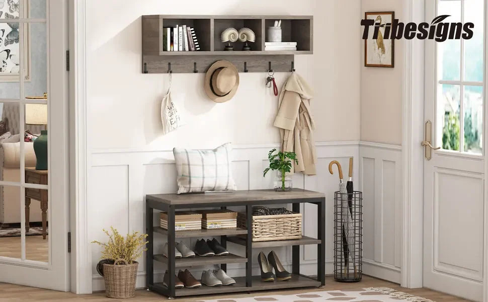 Tribesigns Coat Rack Shoe Bench Set, Hall Tree with Shoe Bench, Industrial Shoe Rack Bench with Coat Rack, 3 Storage Cubbies
